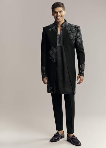 Black Imported Satin Organza Indo Western For Men With Zardosi Embroidery