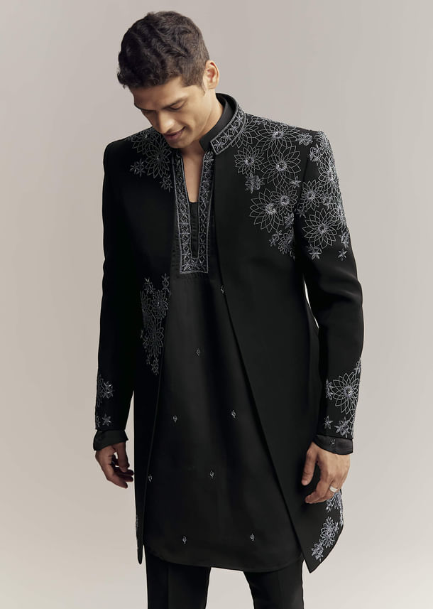Black Imported Satin Organza Indo Western For Men With Zardosi Embroidery