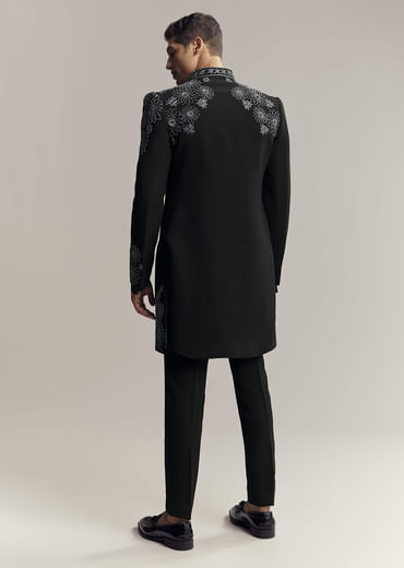 Black Imported Satin Organza Indo Western For Men With Zardosi Embroidery