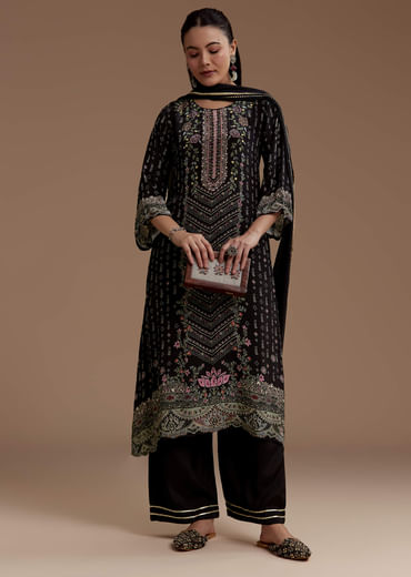 Black Indie Print Kurta Set with Stone Work