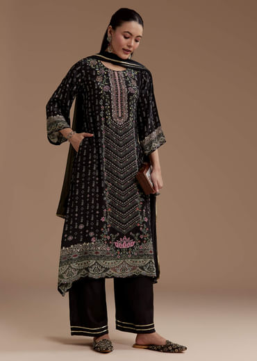 Black Indie Print Kurta Set with Stone Work