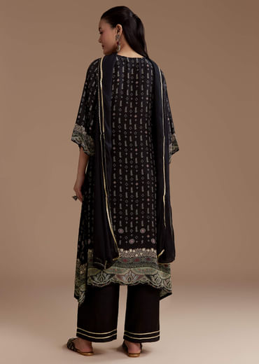 Black Indie Print Kurta Set with Stone Work