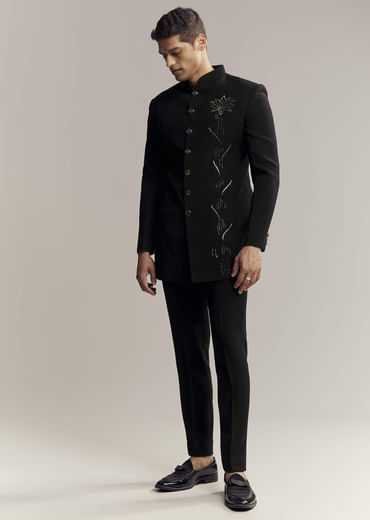Black Indo Western For Men With Heavy Embroidery On Suiting Fabric