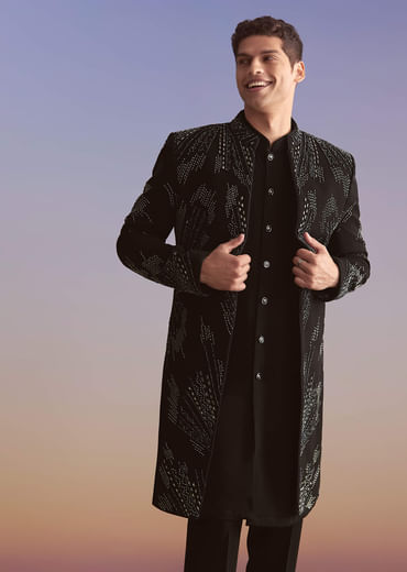 Black Indo Western Set For Men With Beads Work