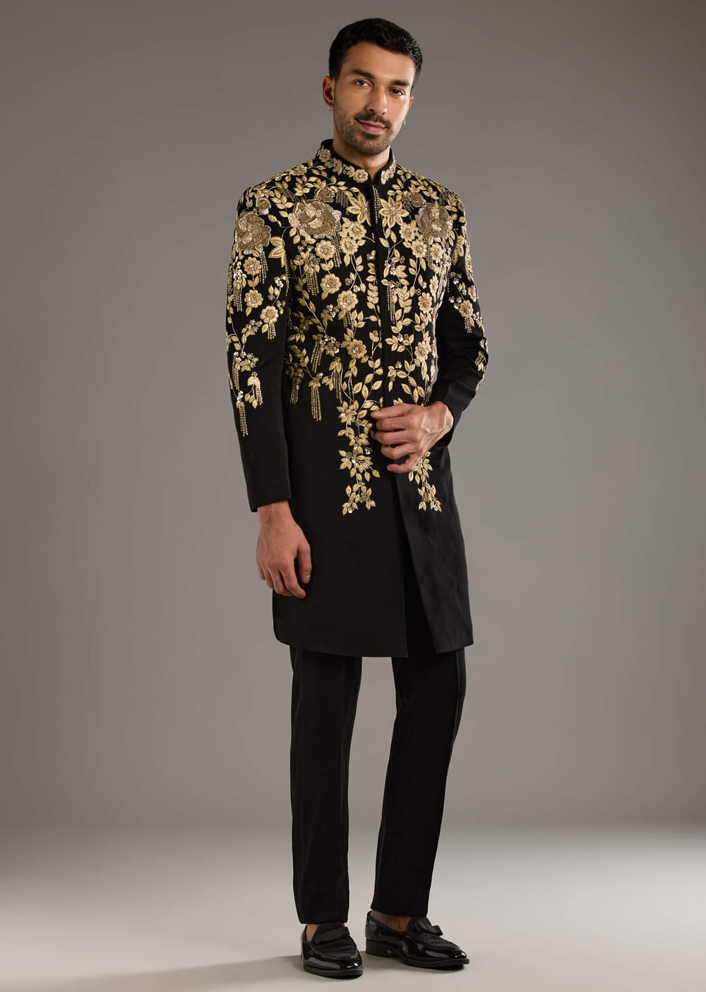 Black Indo Western Set For Men With Zardosi Embroidery