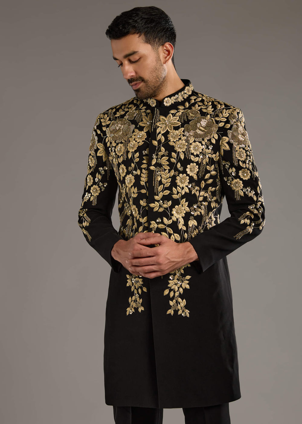 Black Indo Western Set For Men With Zardosi Embroidery
