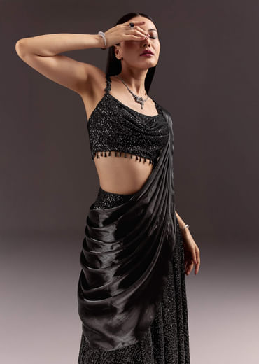 Black Indowestern Sharara Suit With Cowl Blouse With Attached Pallu Attached
