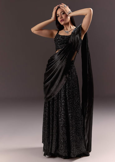 Black Indowestern Sharara Suit With Cowl Blouse With Attached Pallu Attached