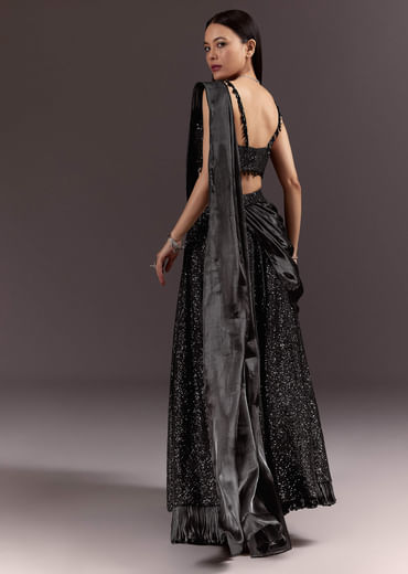 Black Indowestern Sharara Suit With Cowl Blouse With Attached Pallu Attached