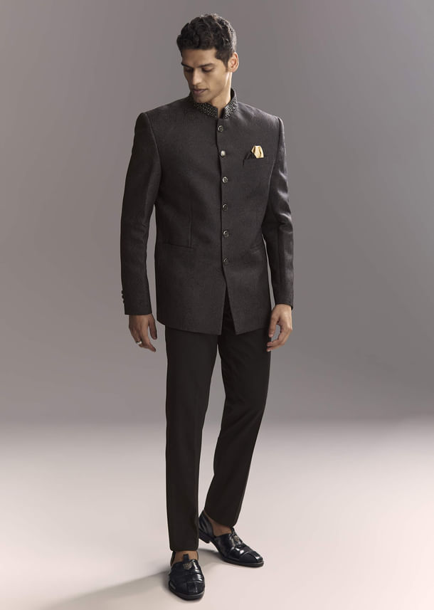 Black Jacquard Jodhpuri Suit For Men With Subtle Paisley Motifs