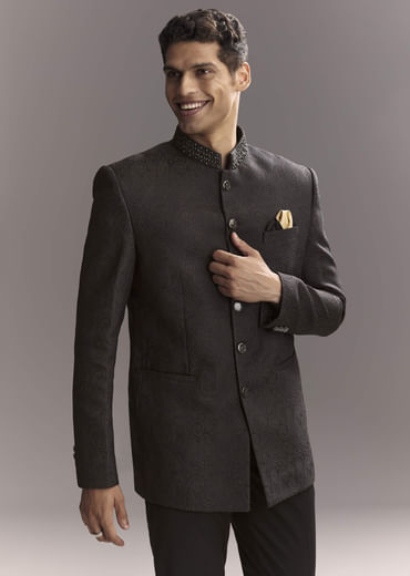 Black Jacquard Jodhpuri Suit For Men With Subtle Paisley Motifs