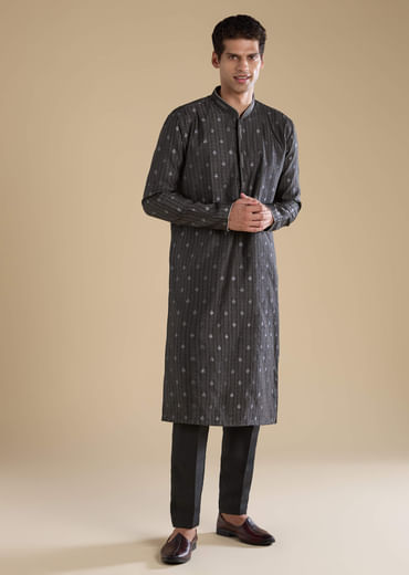Black Jacquard Textured Mens Kurta and Pant Set