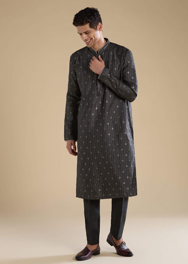 Black Jacquard Textured Mens Kurta and Pant Set