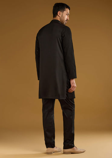 Black Kurta Jacket Set For Men With Beads Embroidery