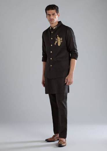 Black Kurta Jacket Set With Zardosi Hand Work
