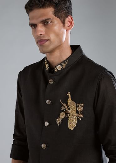 Black Kurta Jacket Set With Zardosi Hand Work