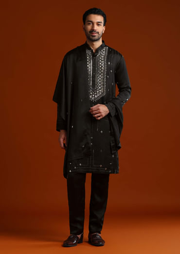 Black Kurta Set For Men With Metal Embroidery