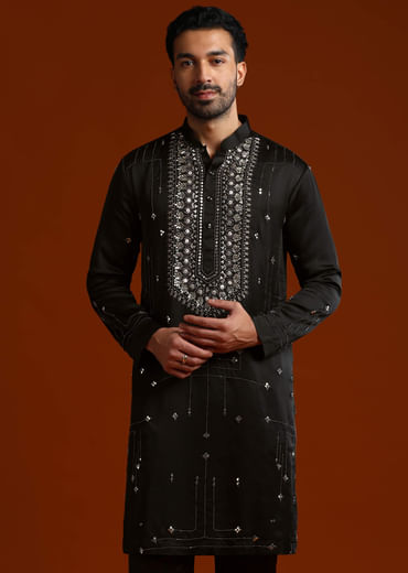 Black Kurta Set For Men With Metal Embroidery