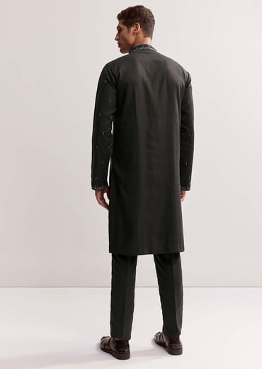 Black Linen Kurta Set For Men With Resham And Moti Work