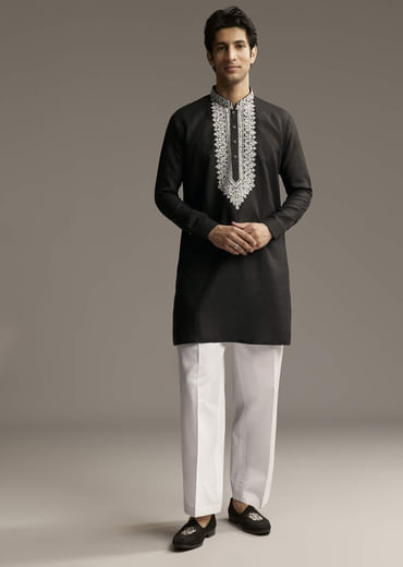 Black Linen Kurta Set For Men With Thread And Resham Work
