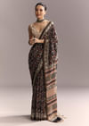 Black Linen Saree With Authentic Ajrakh Print And Maroon Border
