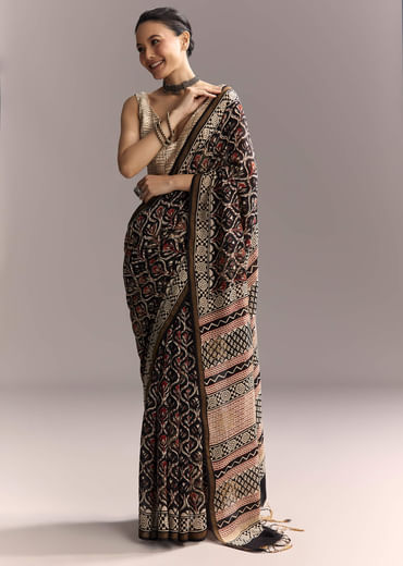 Black Linen Saree With Authentic Ajrakh Print And Maroon Border