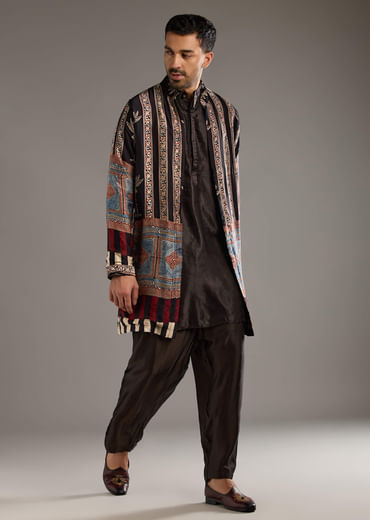 Black Modal Linen Kurta Jacket Set For Men With Hand Block Ajrakh Print Black Modal Linen Kurta Jacket Set For Men With Hand Block Ajrakh Print