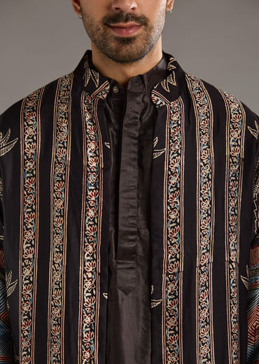 Black Modal Linen Kurta Jacket Set For Men With Hand Block Ajrakh Print Black Modal Linen Kurta Jacket Set For Men With Hand Block Ajrakh Print