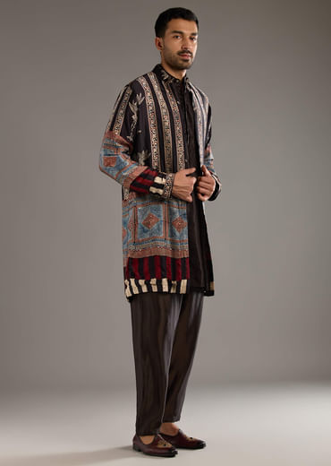 Black Modal Linen Kurta Jacket Set For Men With Hand Block Ajrakh Print Black Modal Linen Kurta Jacket Set For Men With Hand Block Ajrakh Print