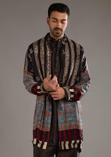 Black Modal Linen Kurta Jacket Set For Men With Hand Block Ajrakh Print Black Modal Linen Kurta Jacket Set For Men With Hand Block Ajrakh Print