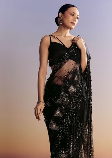 Black Net Saree With Golden Sequins And Cutdana Embroidery