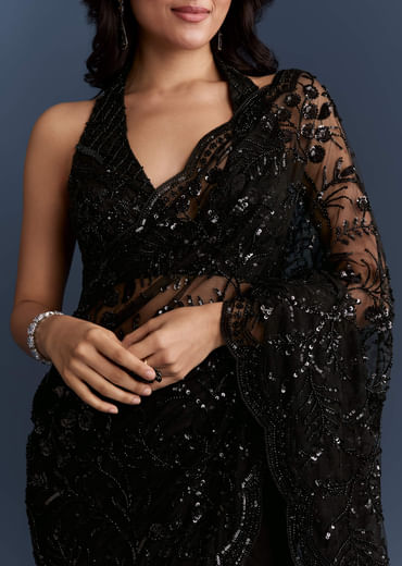 Black Net Saree With Intricate Floral Sequins Embroidery