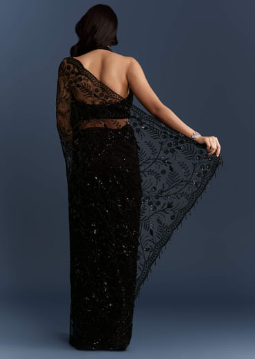 Black Net Saree With Intricate Floral Sequins Embroidery