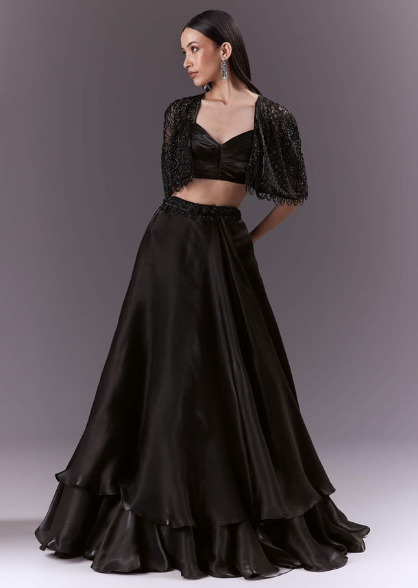 Black Organza Bridesmaid Lehenga With Cutdana And Beads Work Black Organza Bridesmaid Lehenga With Cutdana And Beads Work