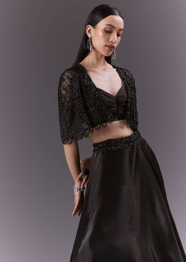 Black Organza Bridesmaid Lehenga With Cutdana And Beads Work Black Organza Bridesmaid Lehenga With Cutdana And Beads Work