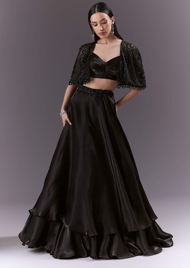 Black Organza Bridesmaid Lehenga With Cutdana And Beads Work Black Organza Bridesmaid Lehenga With Cutdana And Beads Work