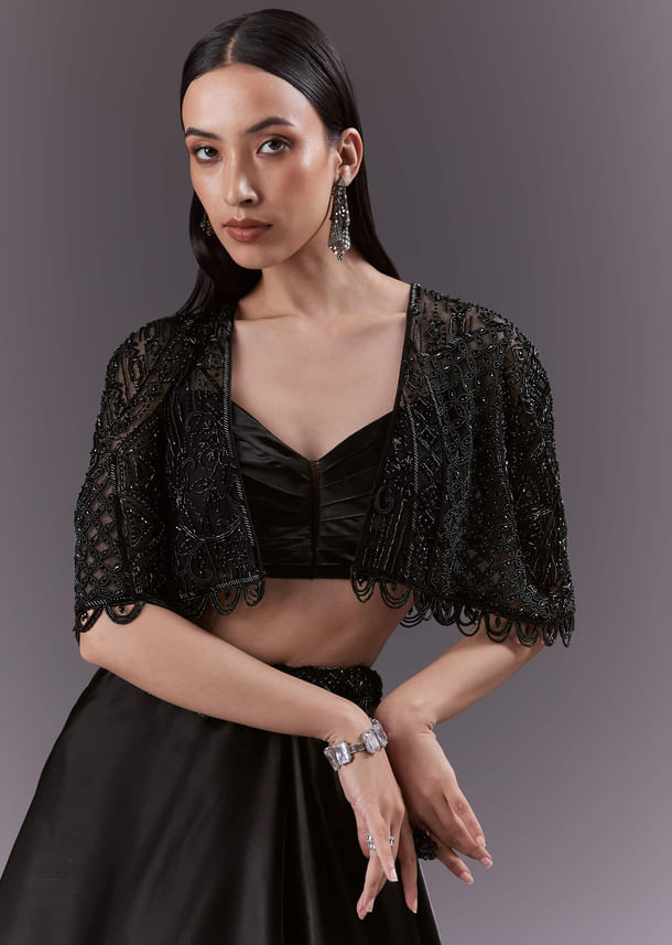 Black Organza Bridesmaid Lehenga With Cutdana And Beads Work Black Organza Bridesmaid Lehenga With Cutdana And Beads Work