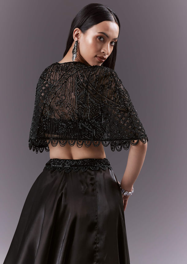 Black Organza Bridesmaid Lehenga With Cutdana And Beads Work Black Organza Bridesmaid Lehenga With Cutdana And Beads Work