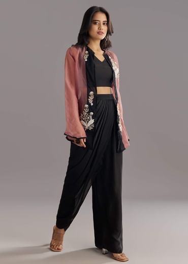 Black Organza Jacket and Satin Dhoti Palazzo Set With Zardosi Embroidery
