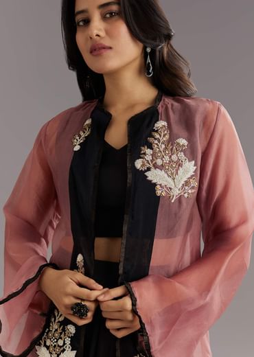 Black Organza Jacket and Satin Dhoti Palazzo Set With Zardosi Embroidery