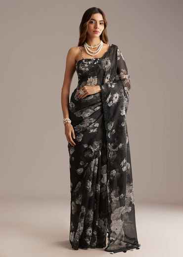 Black Organza Saree With Floral Print And Sequin Embroidery