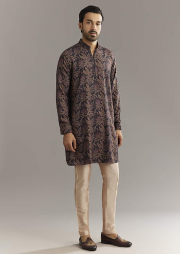 Black Pashmina Silk Kurta Set With Vine Prints