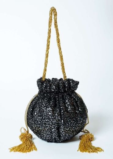 Black Potli Bag In Sequins Fabric With Cut Dana Tassels And Handle By Solasta