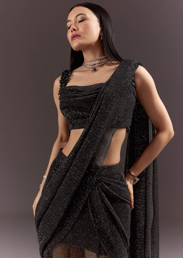 Black Pre Stitched Slit Saree With Cowl Blouse Black Pre Stitched Slit Saree With Cowl Blouse