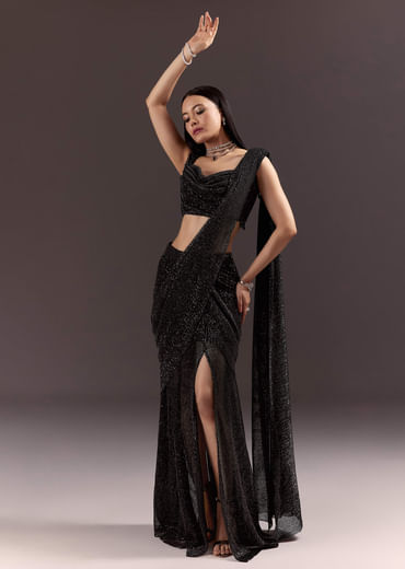 Black Pre Stitched Slit Saree With Cowl Blouse