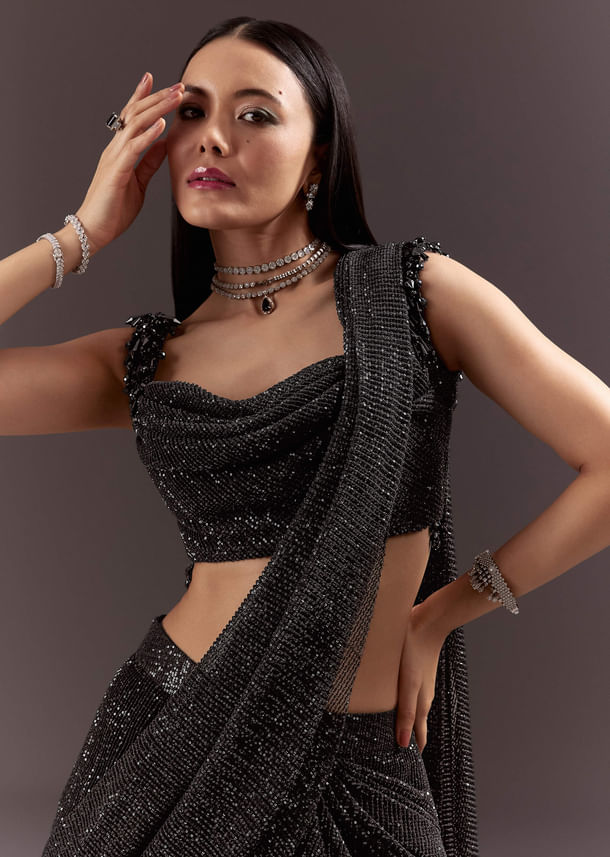 Black Pre Stitched Slit Saree With Cowl Blouse Black Pre Stitched Slit Saree With Cowl Blouse