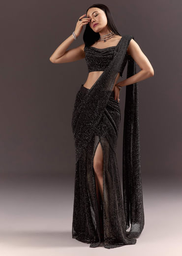 Black Pre Stitched Slit Saree With Cowl Blouse