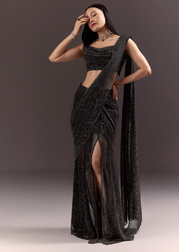 Black Pre Stitched Slit Saree With Cowl Blouse Black Pre Stitched Slit Saree With Cowl Blouse