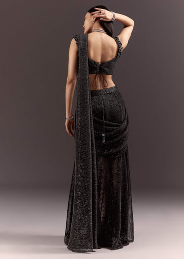 Black Pre Stitched Slit Saree With Cowl Blouse