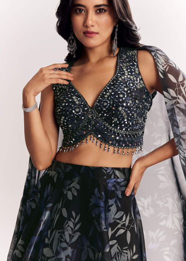 Black Printed Mirror Work Lehenga Choli Set In Organza Tissue